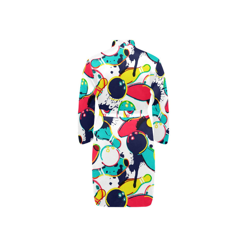 watercolor bowling ball pins Men's Long Sleeve Belted Night Robe