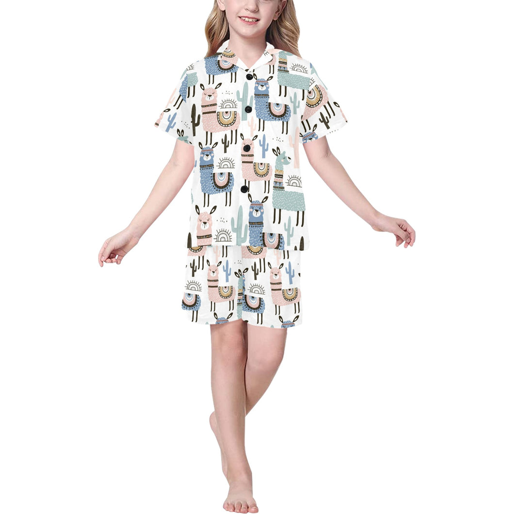 lama Alpaca cactus hand drawn pattern Kids' Boys' Girls' V-Neck Short Pajama Set