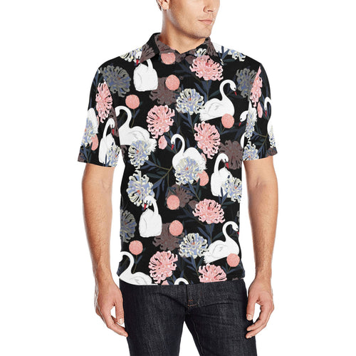 white swan blooming flower pattern Men's All Over Print Polo Shirt