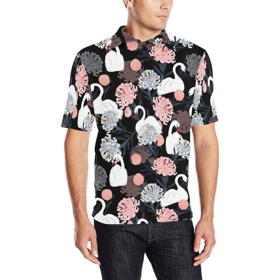white swan blooming flower pattern Men's All Over Print Polo Shirt