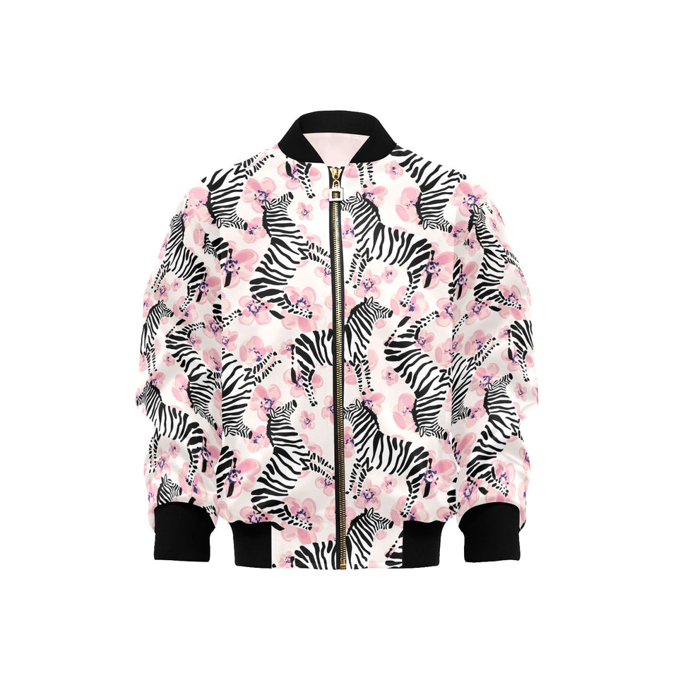 Zebra pink flower background Kids' Boys' Girls' Bomber Jacket