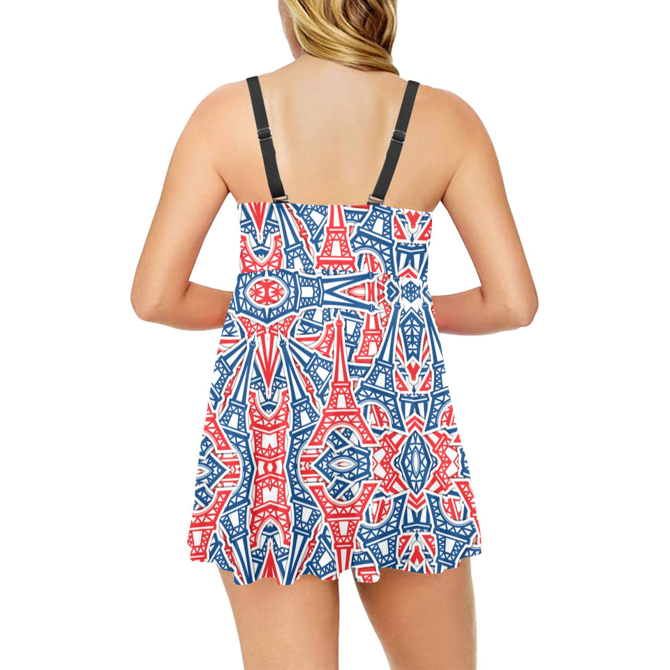 Blue Red Eiffel Tower Pattern Print Design 02 Chest Sexy Pleated Two Piece Swim Dress