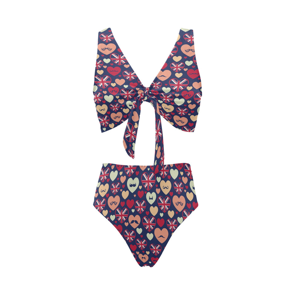 British Pattern Print Design 02 Chest Bowknot High Waisted Bikini Swimsuit