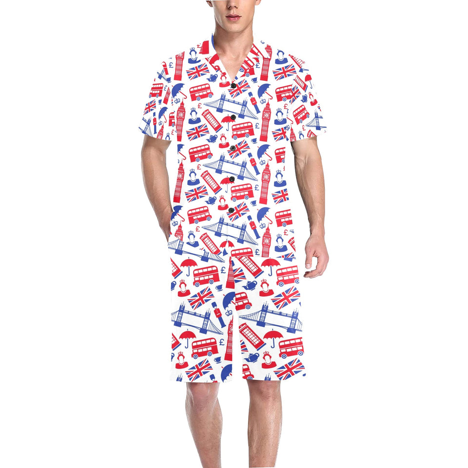 British Pattern Print Design 01 Men's V-Neck Short Pajama Set