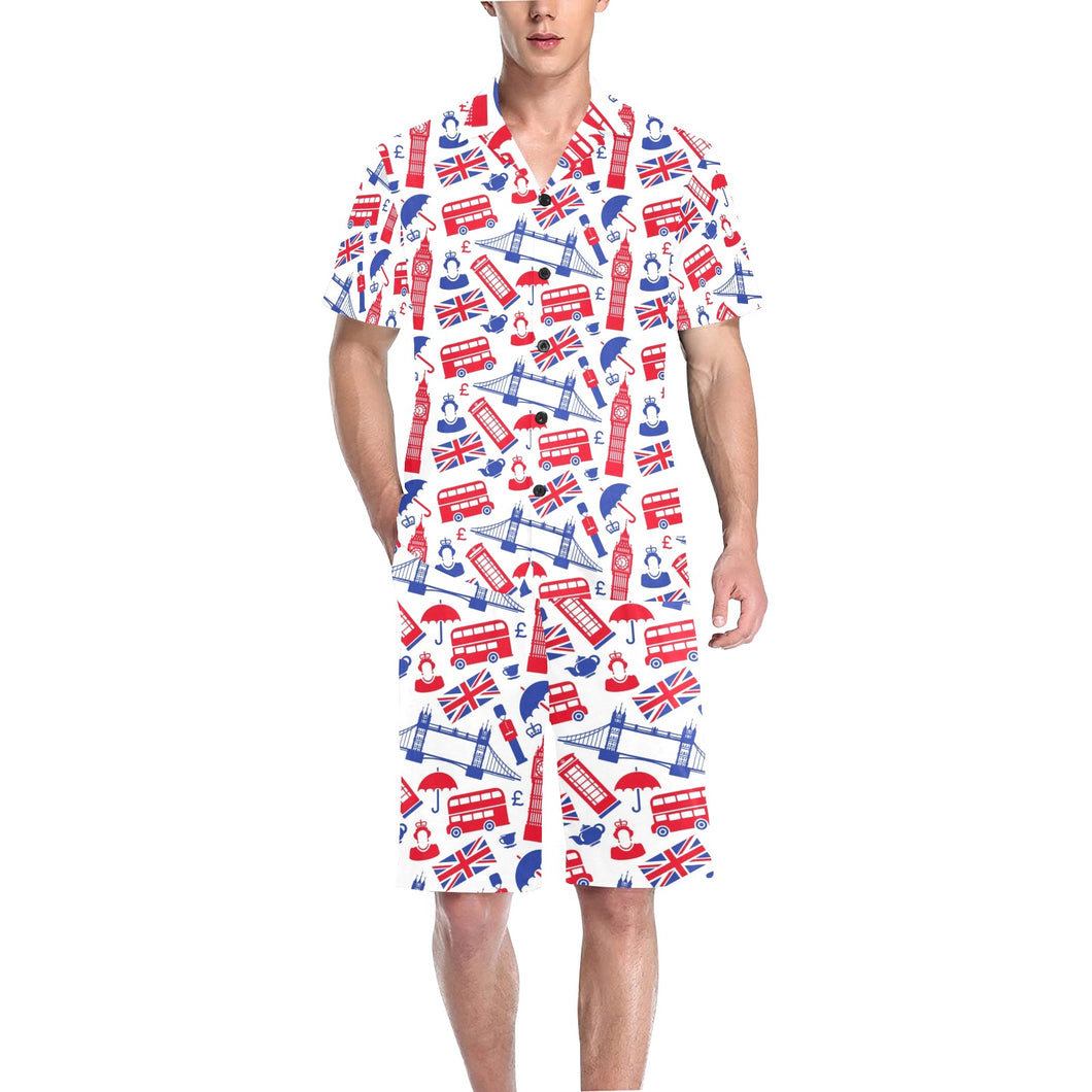 British Pattern Print Design 01 Men's V-Neck Short Pajama Set