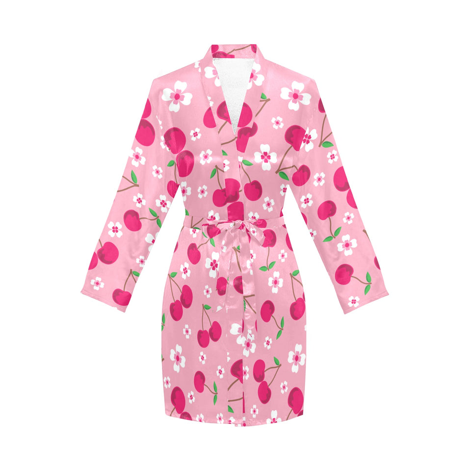 cherry flower pattern pink background Women's Long Sleeve Belted Night Robe