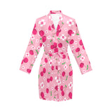 cherry flower pattern pink background Women's Long Sleeve Belted Night Robe