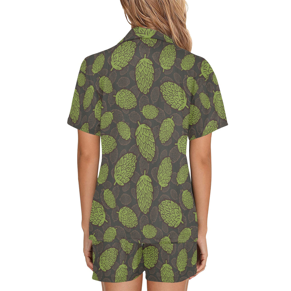 Hop pattern black background Women's V-Neck Short Pajama Set