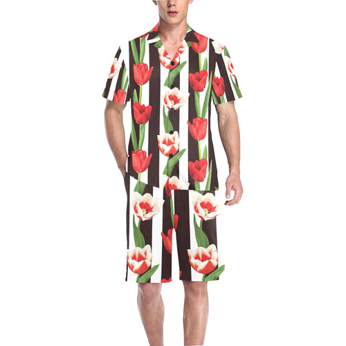 red and white tulips pattern Men's V-Neck Short Pajama Set