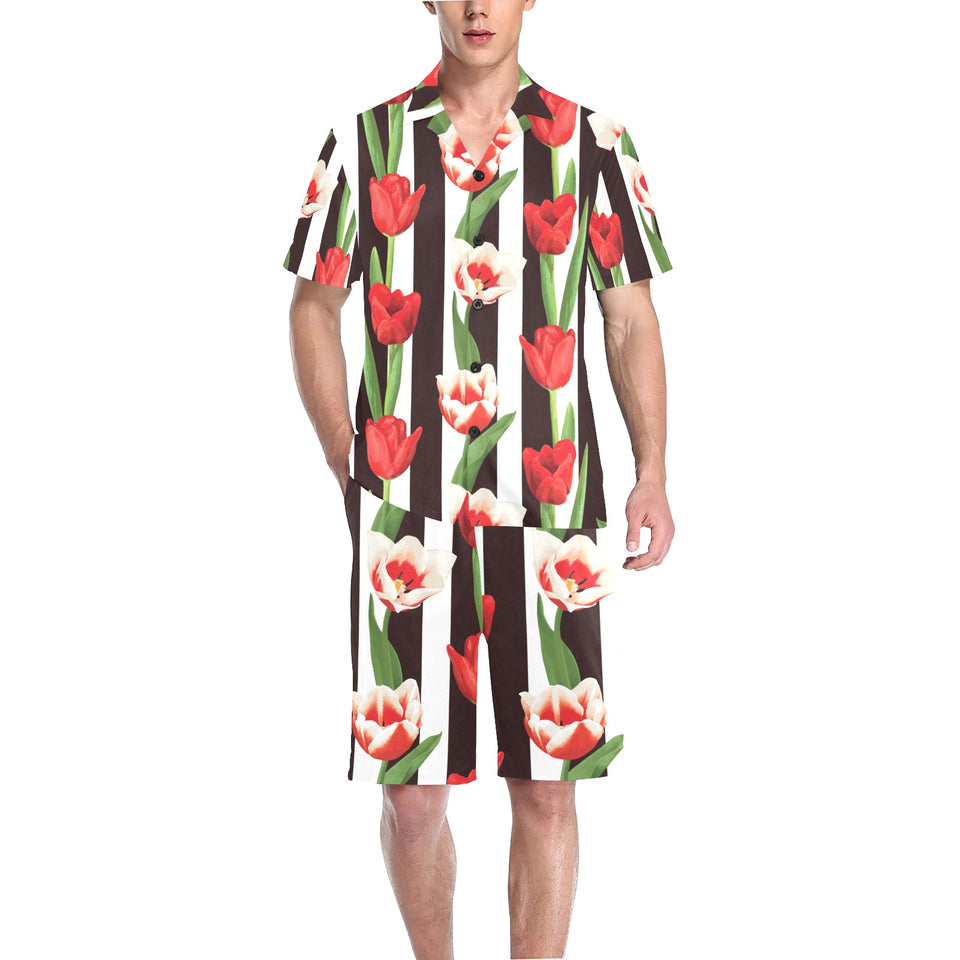 red and white tulips pattern Men's V-Neck Short Pajama Set