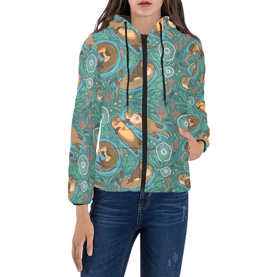cute brown sea otters ornamental seaweed corals gr Women's Padded Hooded Jacket