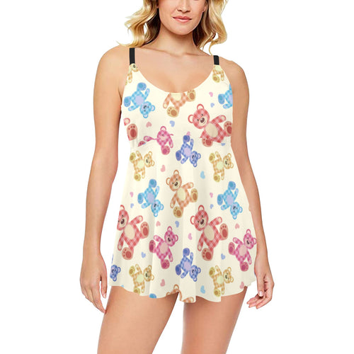 Teddy Bear Pattern Print Design 05 Chest Sexy Pleated Two Piece Swim Dress