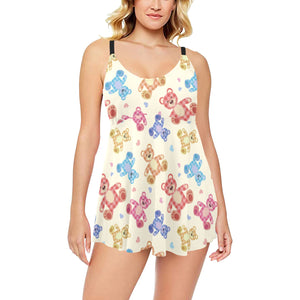 Teddy Bear Pattern Print Design 05 Chest Sexy Pleated Two Piece Swim Dress