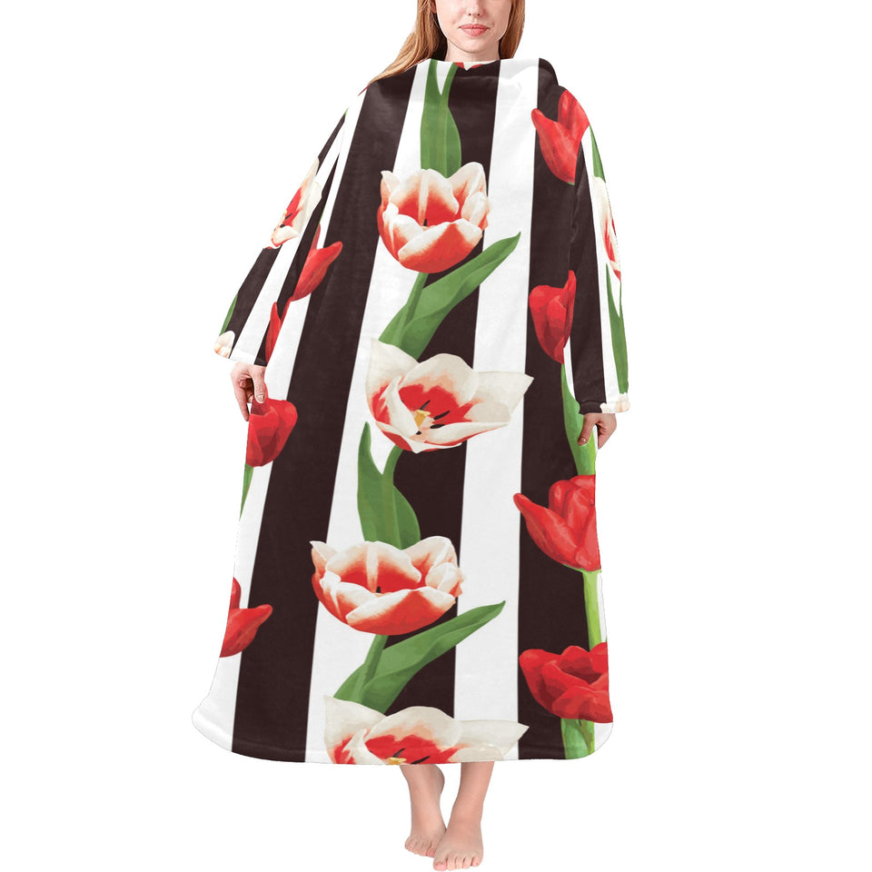 red and white tulips pattern Blanket Robe with Sleeves