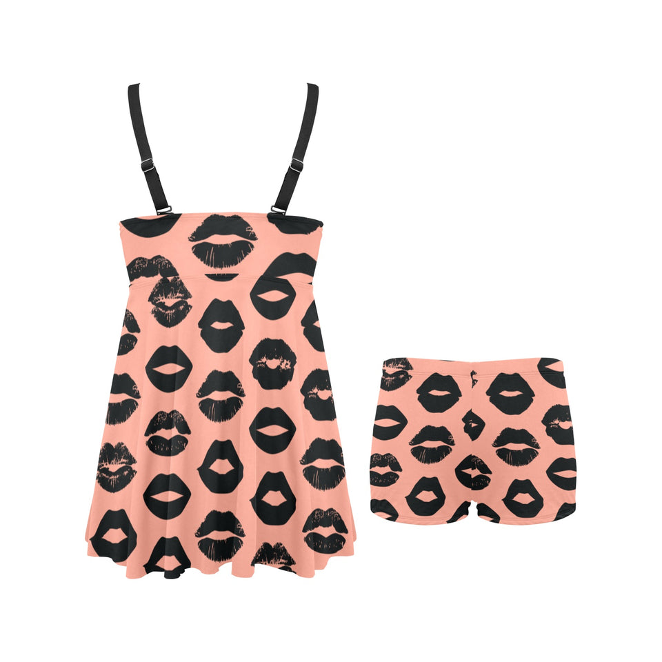 Lips Pattern Print Design 02 Chest Sexy Pleated Two Piece Swim Dress