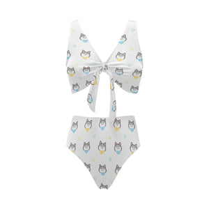 Cute Siberian Husky pattern Chest Bowknot High Waisted Bikini Swimsuit