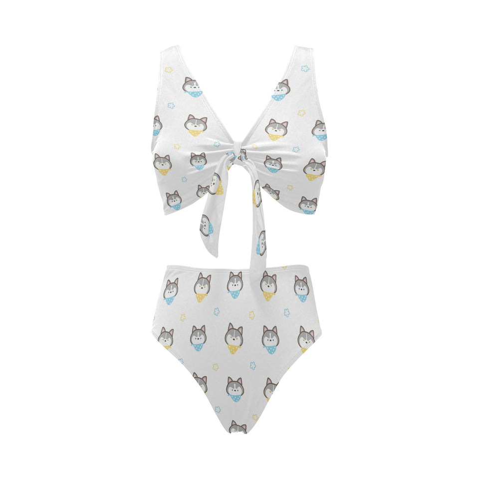 Cute Siberian Husky pattern Chest Bowknot High Waisted Bikini Swimsuit