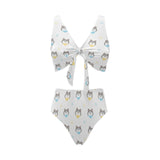 Cute Siberian Husky pattern Chest Bowknot High Waisted Bikini Swimsuit