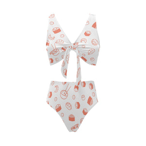 Sushi pattern Chest Bowknot High Waisted Bikini Swimsuit