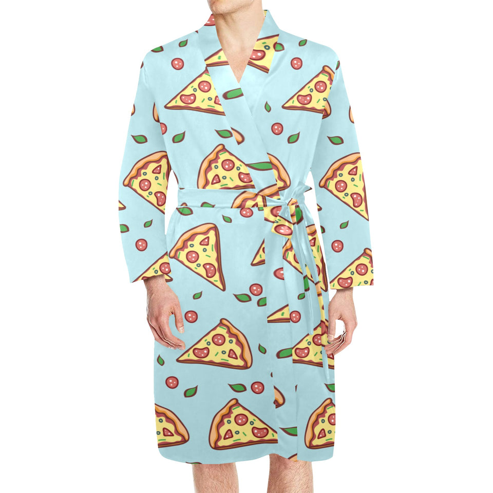 Hand drawn pizza blue background Men's Long Sleeve Belted Night Robe