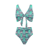 Cute octopuses heart striped background Chest Bowknot High Waisted Bikini Swimsuit