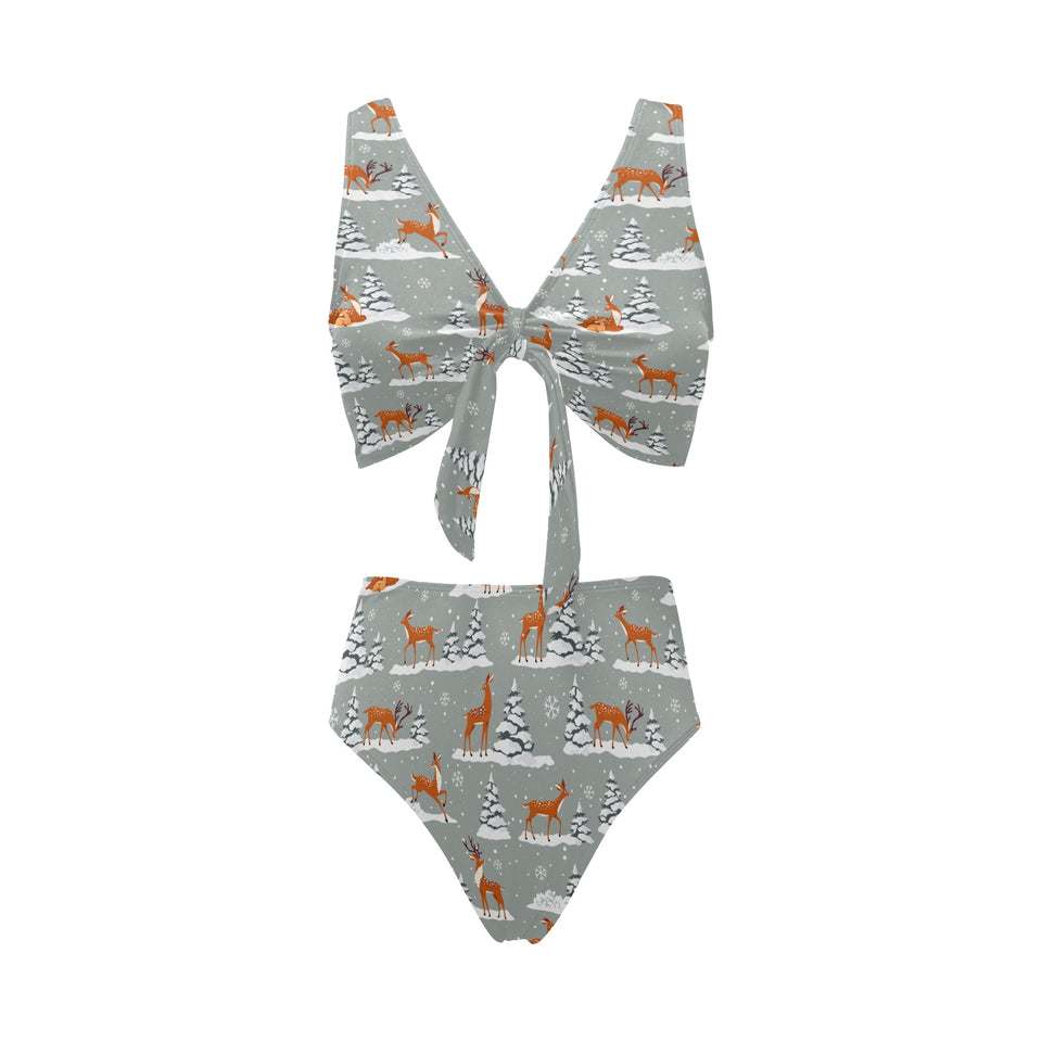 Beautiful deers Winter Christmas Chest Bowknot High Waisted Bikini Swimsuit