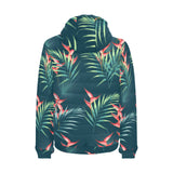 heliconia flowers, palm and monstera leaves on bla Men's Padded Hooded Jacket