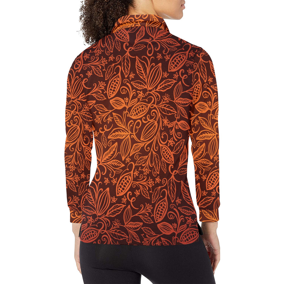 cacao beans tribal polynesian pattern Women's Long Sleeve Polo Shirt
