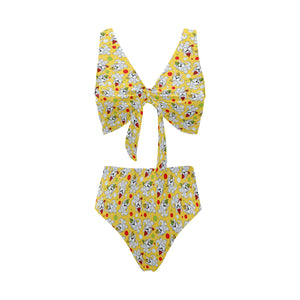 Yorkshire Terrier Pattern Print Design 05 Chest Bowknot High Waisted Bikini Swimsuit