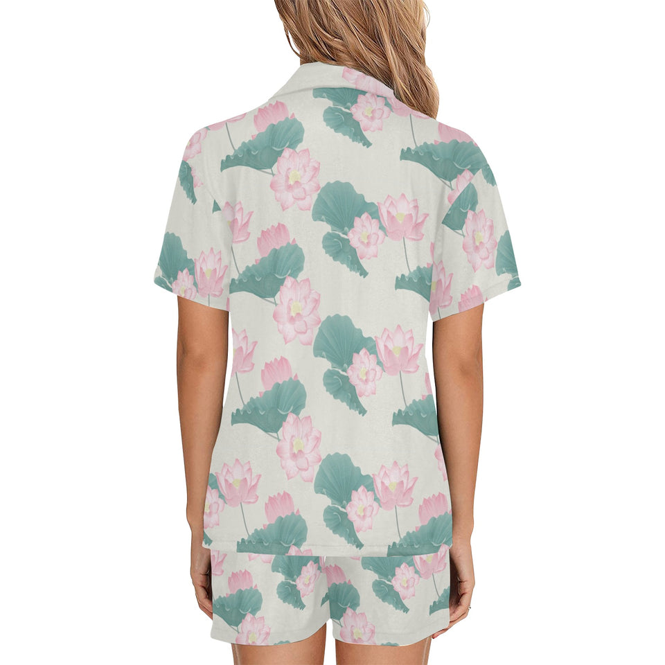 Pink lotus waterlily leaves pattern Women's V-Neck Short Pajama Set