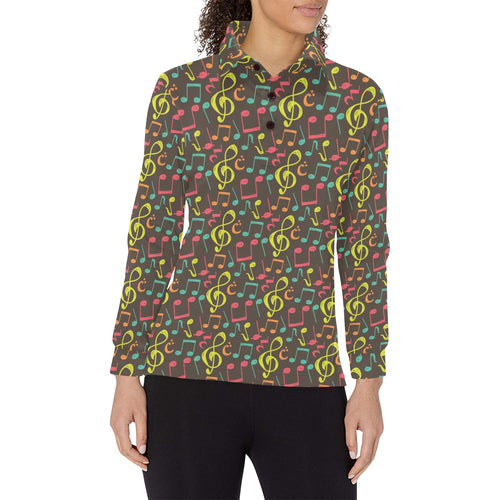 Music Notes Pattern Print Design 05 Women's Long Sleeve Polo Shirt