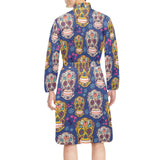 Sugar skull flower pattern Men's Long Sleeve Belted Night Robe