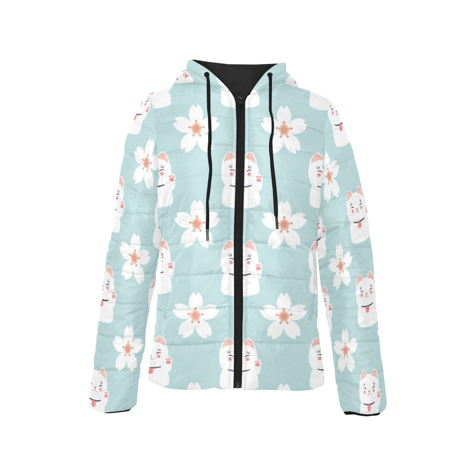 Maneki neko cat sakura Women's Padded Hooded Jacket