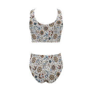 Cute nautical steering wheel anchor pattern Chest Bowknot High Waisted Bikini Swimsuit