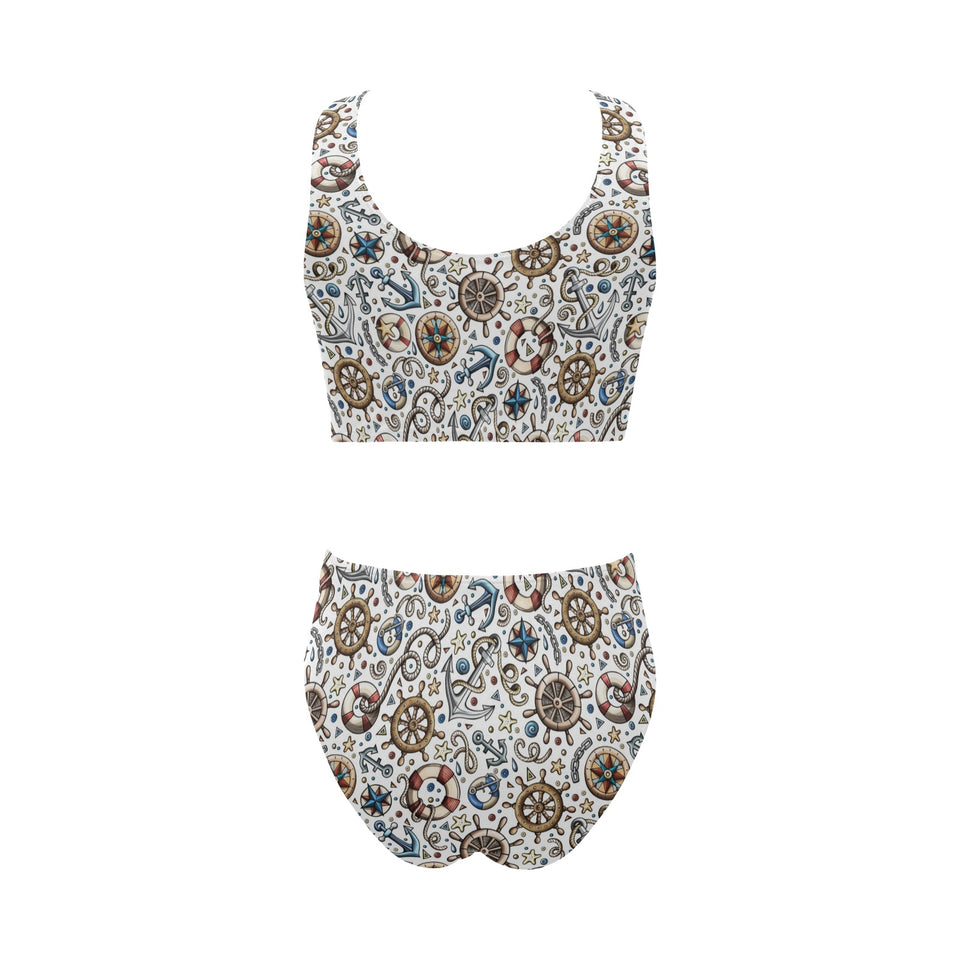 Cute nautical steering wheel anchor pattern Chest Bowknot High Waisted Bikini Swimsuit