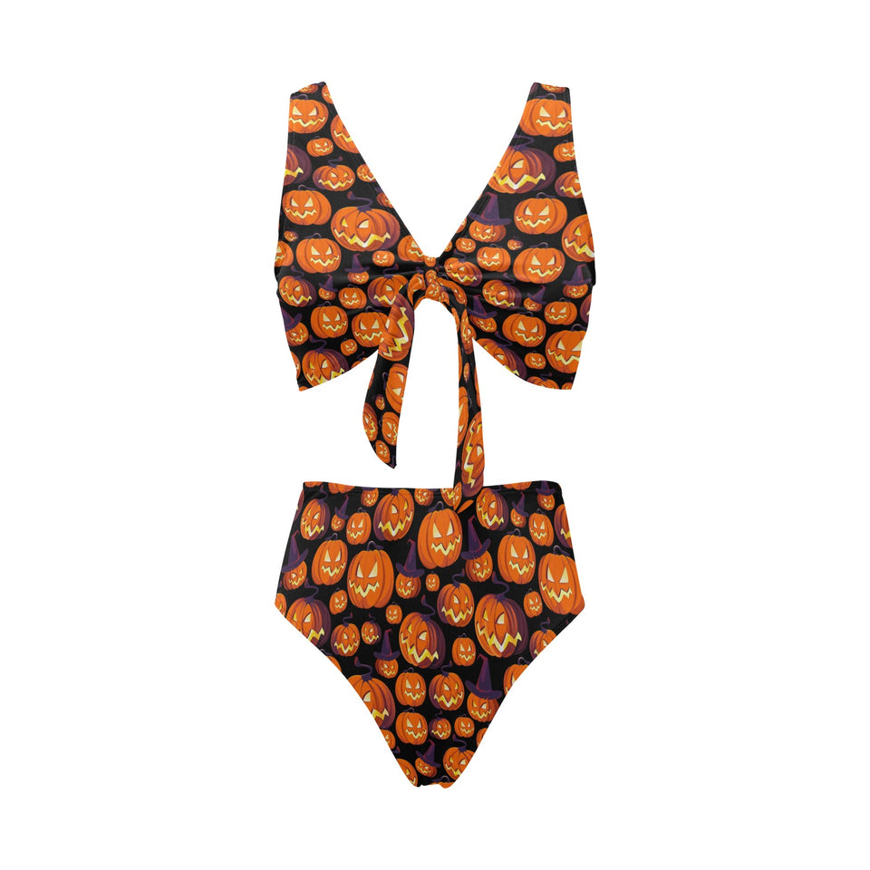 Halloween Pumpkin pattern Chest Bowknot High Waisted Bikini Swimsuit