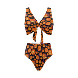 Halloween Pumpkin pattern Chest Bowknot High Waisted Bikini Swimsuit