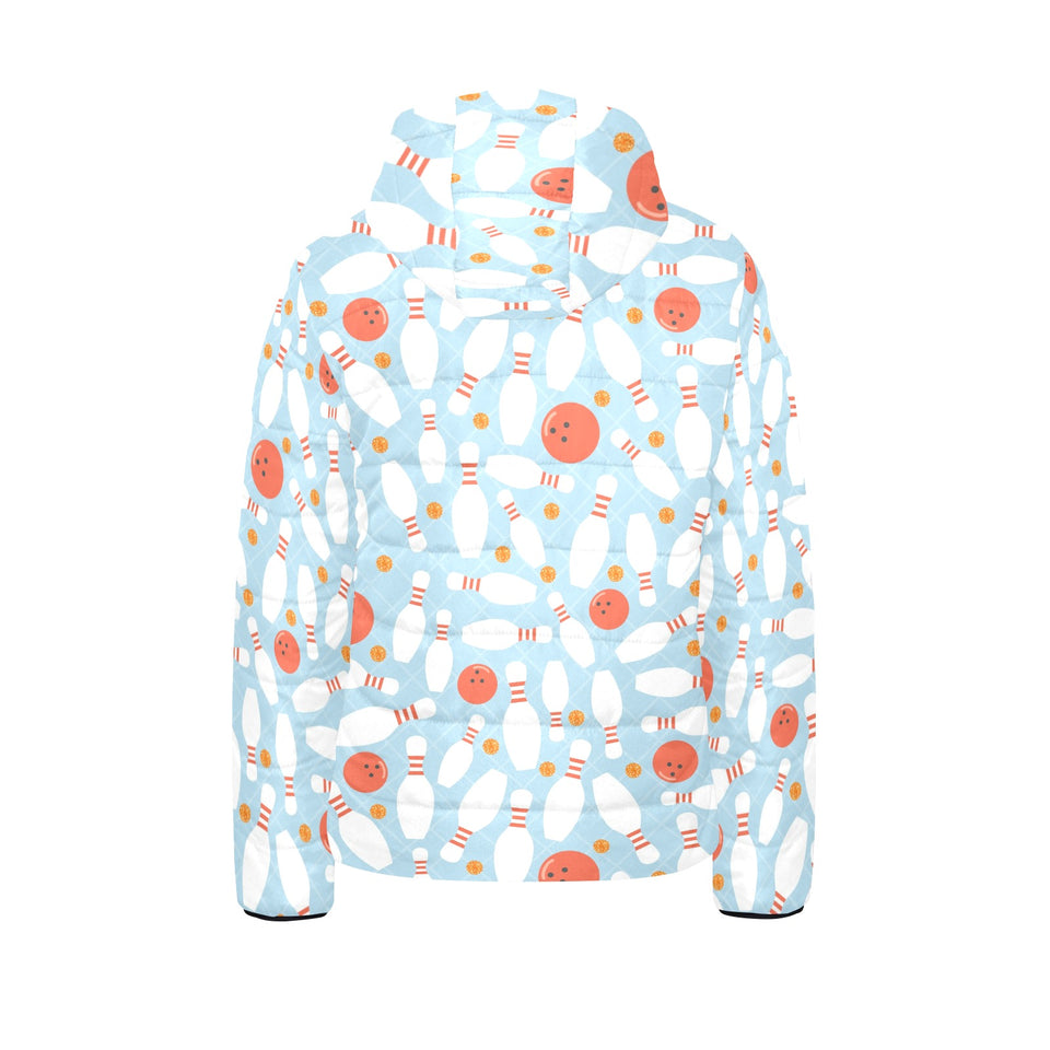 Bowling ball bowling pins blue blackground Kids' Boys' Girls' Padded Hooded Jacket