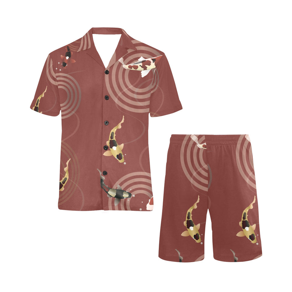 Koi Fish Carp Fish red background Men's V-Neck Short Pajama Set