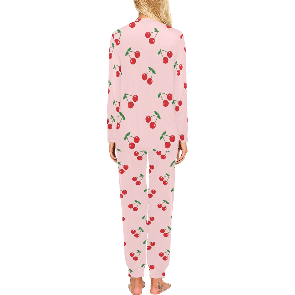 cherry pattern pink background Women's All Over Print Pajama Set