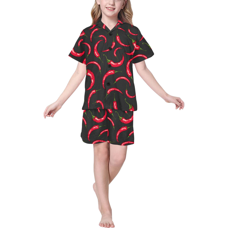 Chili peppers pattern black background Kids' Boys' Girls' V-Neck Short Pajama Set