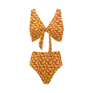 Potato Chips Pattern Print Design 05 Chest Bowknot High Waisted Bikini Swimsuit