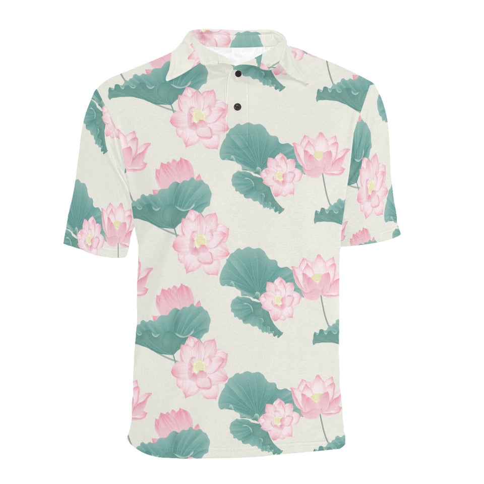 Pink lotus waterlily leaves pattern Men's All Over Print Polo Shirt