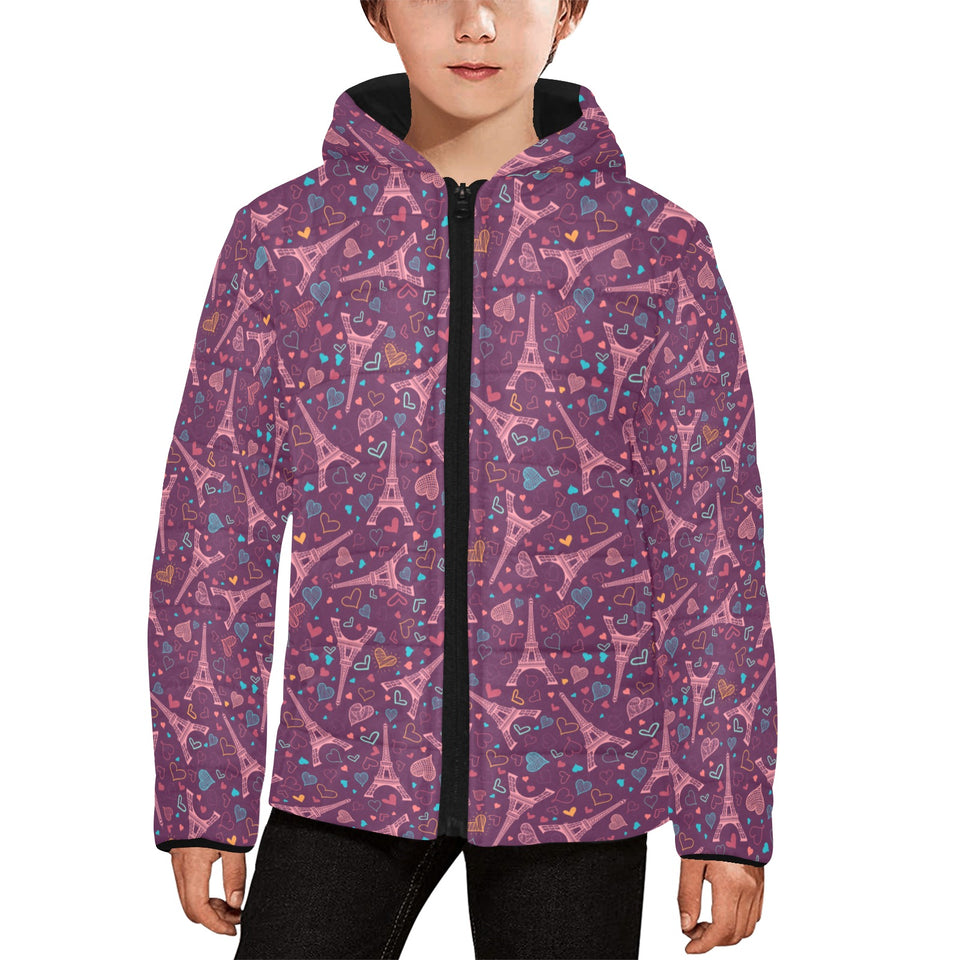 Eiffel Tower Heart Pattern Print Design 04 Kids' Boys' Girls' Padded Hooded Jacket