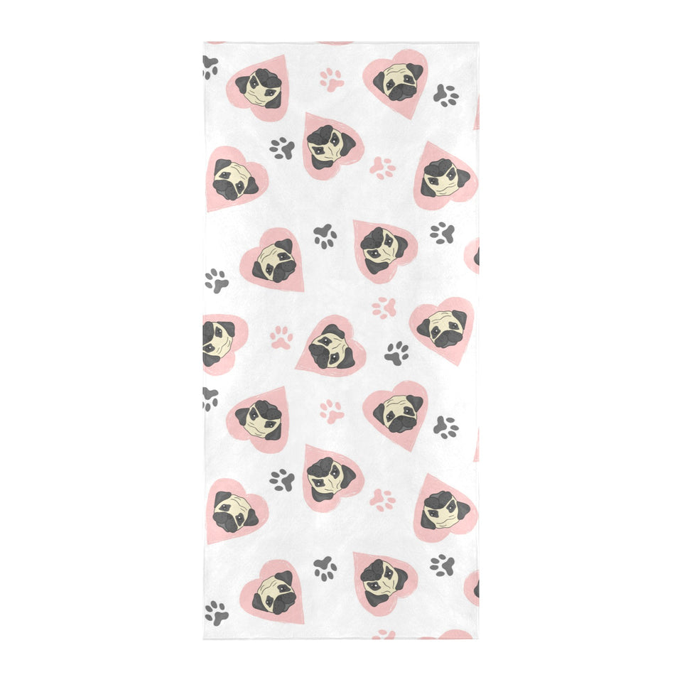 Cute pugs pink heart paw pattern Beach Towel