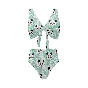 Panda pattern tropical leaves background Chest Bowknot High Waisted Bikini Swimsuit