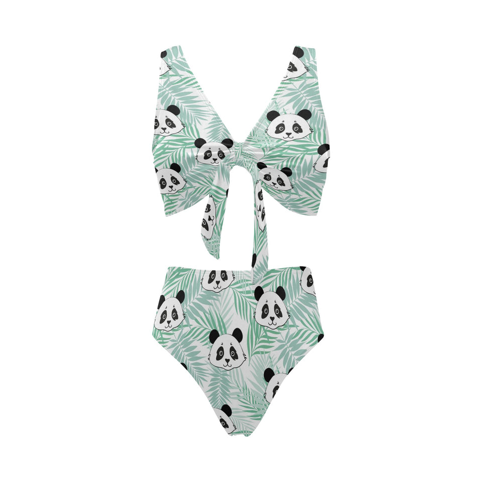 Panda pattern tropical leaves background Chest Bowknot High Waisted Bikini Swimsuit