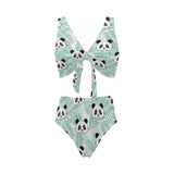 Panda pattern tropical leaves background Chest Bowknot High Waisted Bikini Swimsuit