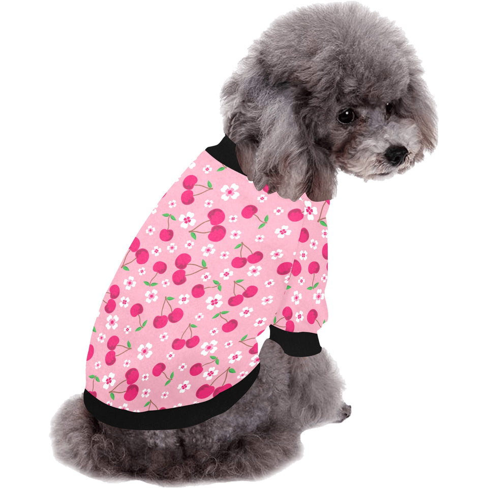 cherry flower pattern pink background All Over Print Pet Dog Round Neck Fuzzy Shirt