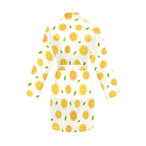 oranges leaves pattern Women's Long Sleeve Belted Night Robe